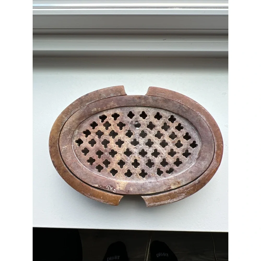 Natural SOAPSTONE 2pc. Oval Lattice Insert SOAP DISH No Two Are Alike